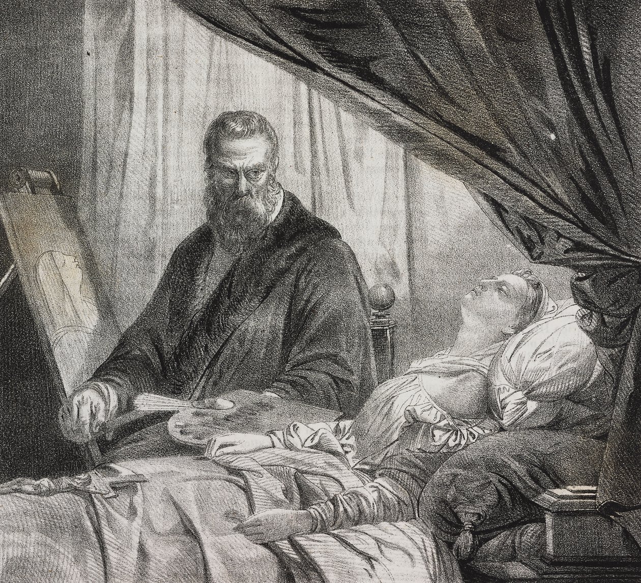 Tintoretto maluje swoją zmarłą córkę, litografia Salvatore Puglia z Poliorama Pittoresco, nr 27, 10 lutego autorstwa Salvatore Puglia