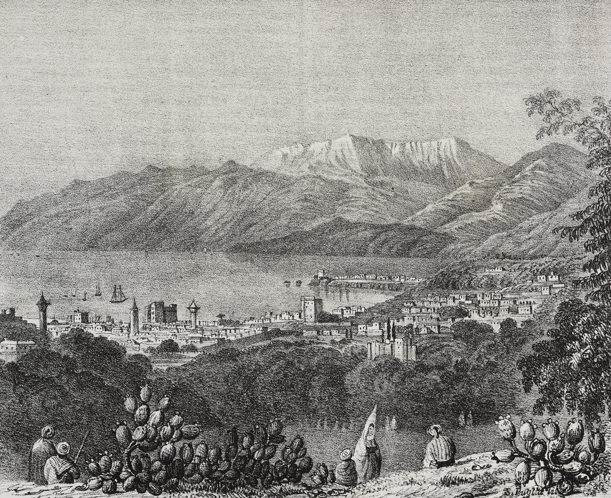 Widok Bejrutu i pasma Mount Lebanon, Liban, litografia Salvatore Puglia z Poliorama Pittoresco, nr 8, 1 października autorstwa Salvatore Puglia