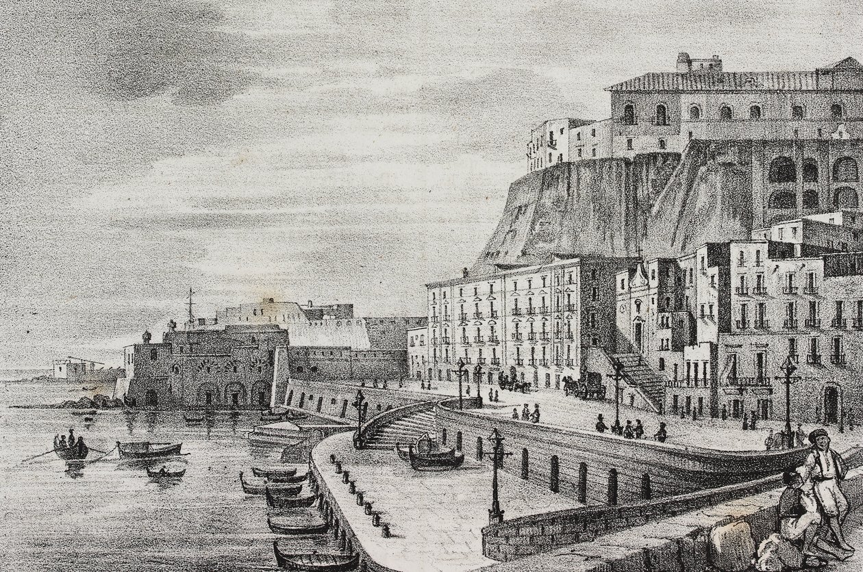 Widok Borgo Santa Lucia, Neapol, Kampania, Włochy, litografia Salvatore Puglia z Poliorama Pittoresco, n 36, 15 kwietnia autorstwa Salvatore Puglia