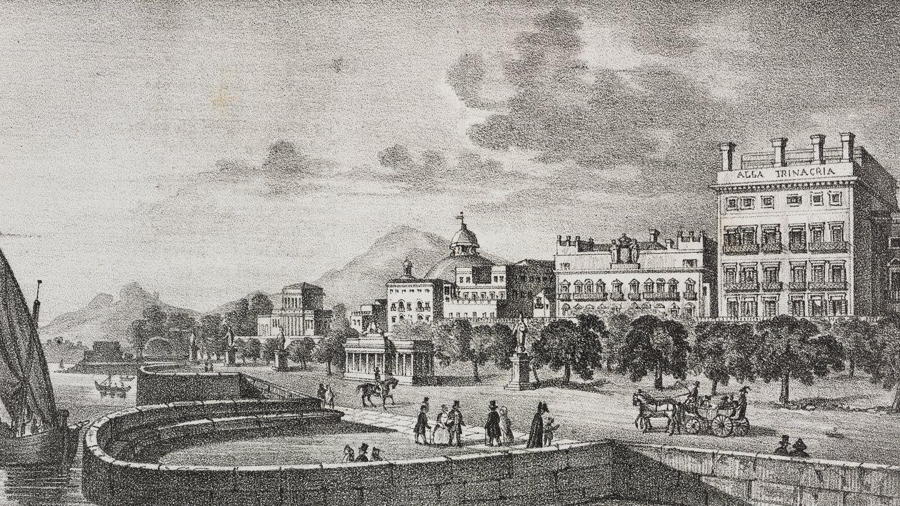 Widok forum Bourbon i hotelu Trinacria, Palermo, Sycylia, Włochy, litografia Salvatore Puglia po rycinie Di Giovanniego z Poliorama Pittoresco, nr 37, 19 kwietnia autorstwa Salvatore Puglia