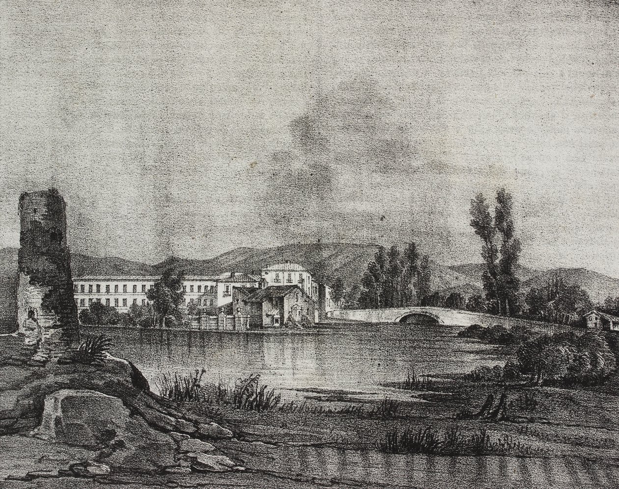 Widok fabryki i kościoła Santa Restituta nad brzegiem rzeki Fibreno w Cornello, Lazio, Włochy, litografia Salvatore Puglia według rysunku Raffaele Carellego, z Poliorama Pittoresco, nr 16, 26 listopada autorstwa Salvatore Puglia