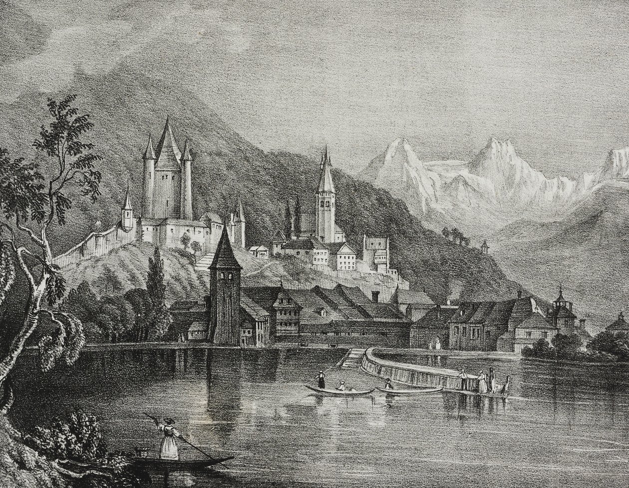 Widok Thun, kanton Berno, Szwajcaria, litografia Salvatore Puglia z Poliorama Pittoresco, n 35, 9 kwietnia autorstwa Salvatore Puglia