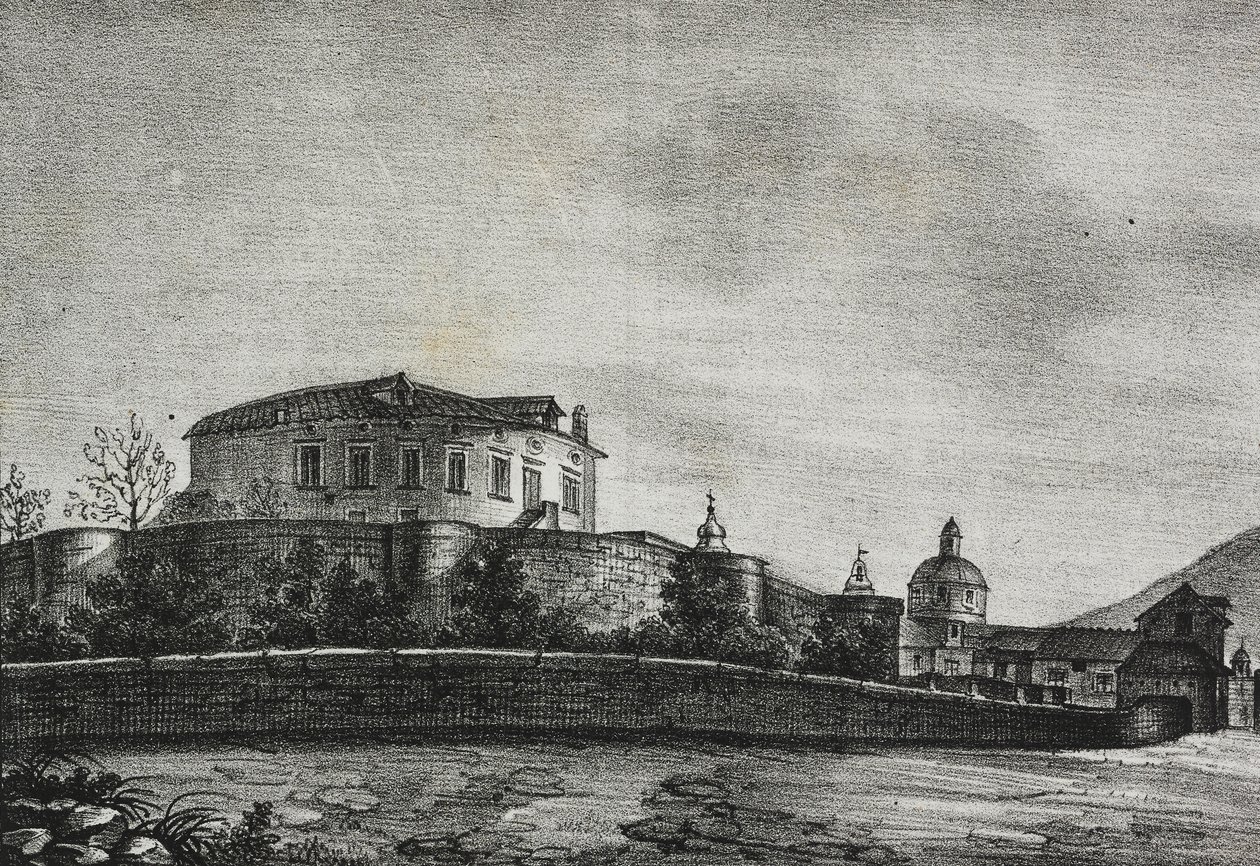 Widok zamku Acerra, Kampania, Włochy, litografia Salvatore Puglia z Poliorama Pittoresco, nr 30, 5 marca autorstwa Salvatore Puglia