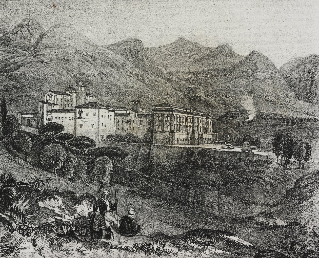 Widok klasztoru San Martino delle Scale niedaleko Palermo, Sycylia, Włochy, litografia Salvatore Puglia z Poliorama Pittoresco, n 47, 2 lipca autorstwa Salvatore Puglia