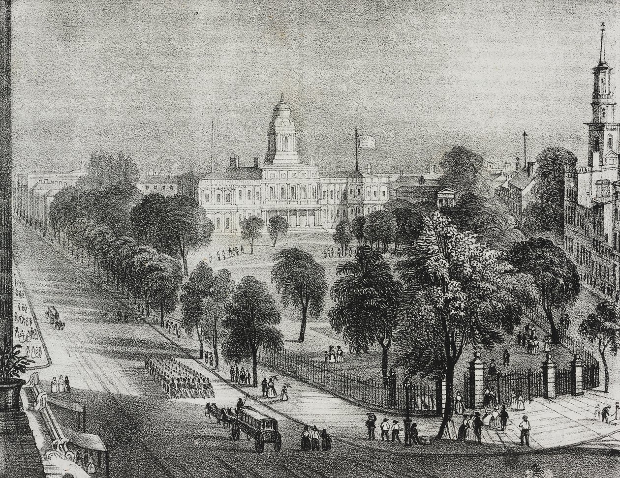 Vista do parque e da prefeitura de Nova York, Estados Unidos da América, litografia de Salvatore Puglia de Poliorama Pittoresco, n 24, 22 de janeiro polonês autorstwa Salvatore Puglia