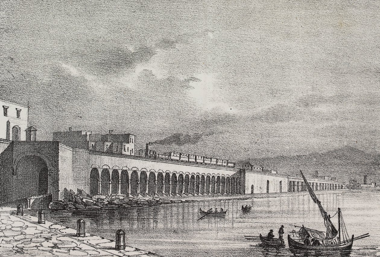 Widok linii kolejowej w Torre Annunziata, Kampania, Włochy, litografia Gaetano Riccio z Poliorama Pittoresco, nr 21, 31 grudnia autorstwa Salvatore Puglia