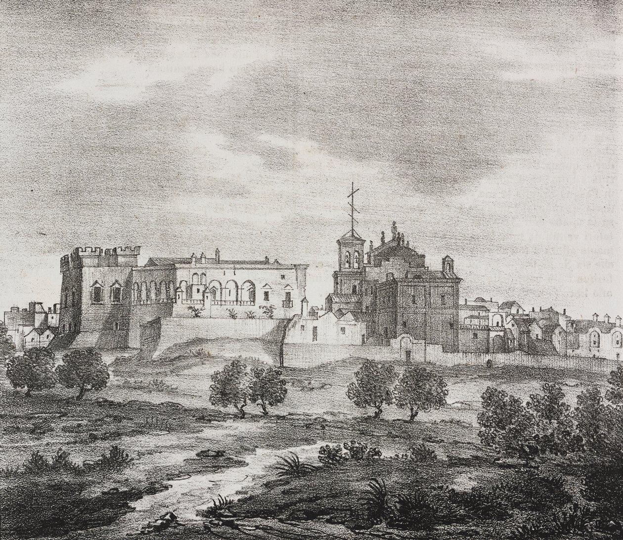 Zachodni widok Mesagne, Apulia, Włochy, litografia Salvatore Puglia z Poliorama Pittoresco, nr 47, 29 czerwca autorstwa Salvatore Puglia