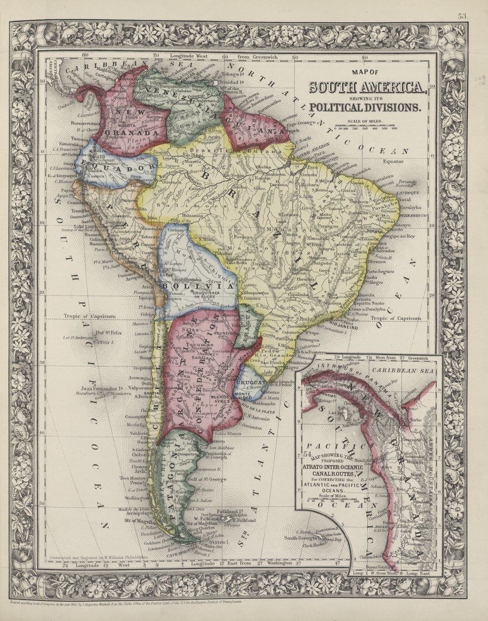Mapa Ameryki Południowej przedstawiająca jej podziały polityczne z nowego atlasu generalnego Mitchella, 1863 autorstwa Samuel Augustus Mitchell