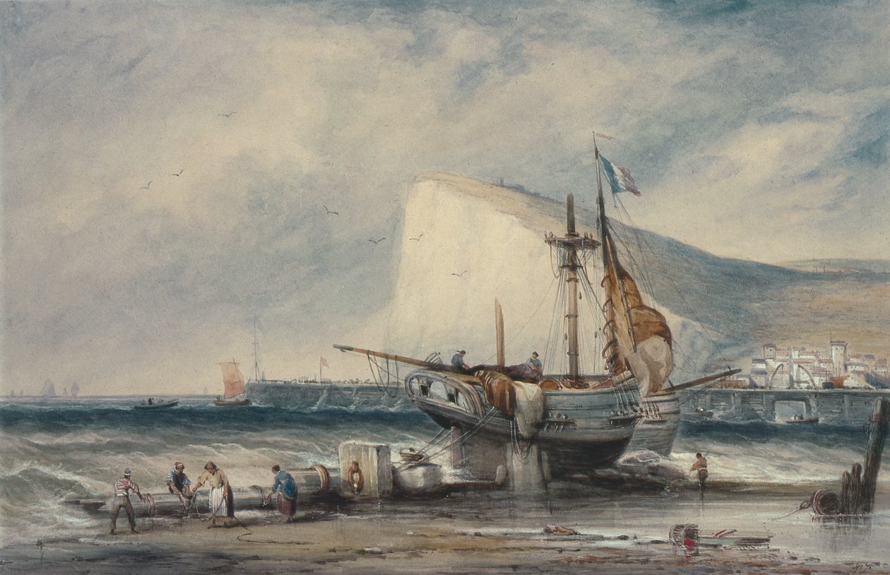 Klif Szekspira, Dover, z Luggerami na plaży (wc na papierze) autorstwa Samuel Austin