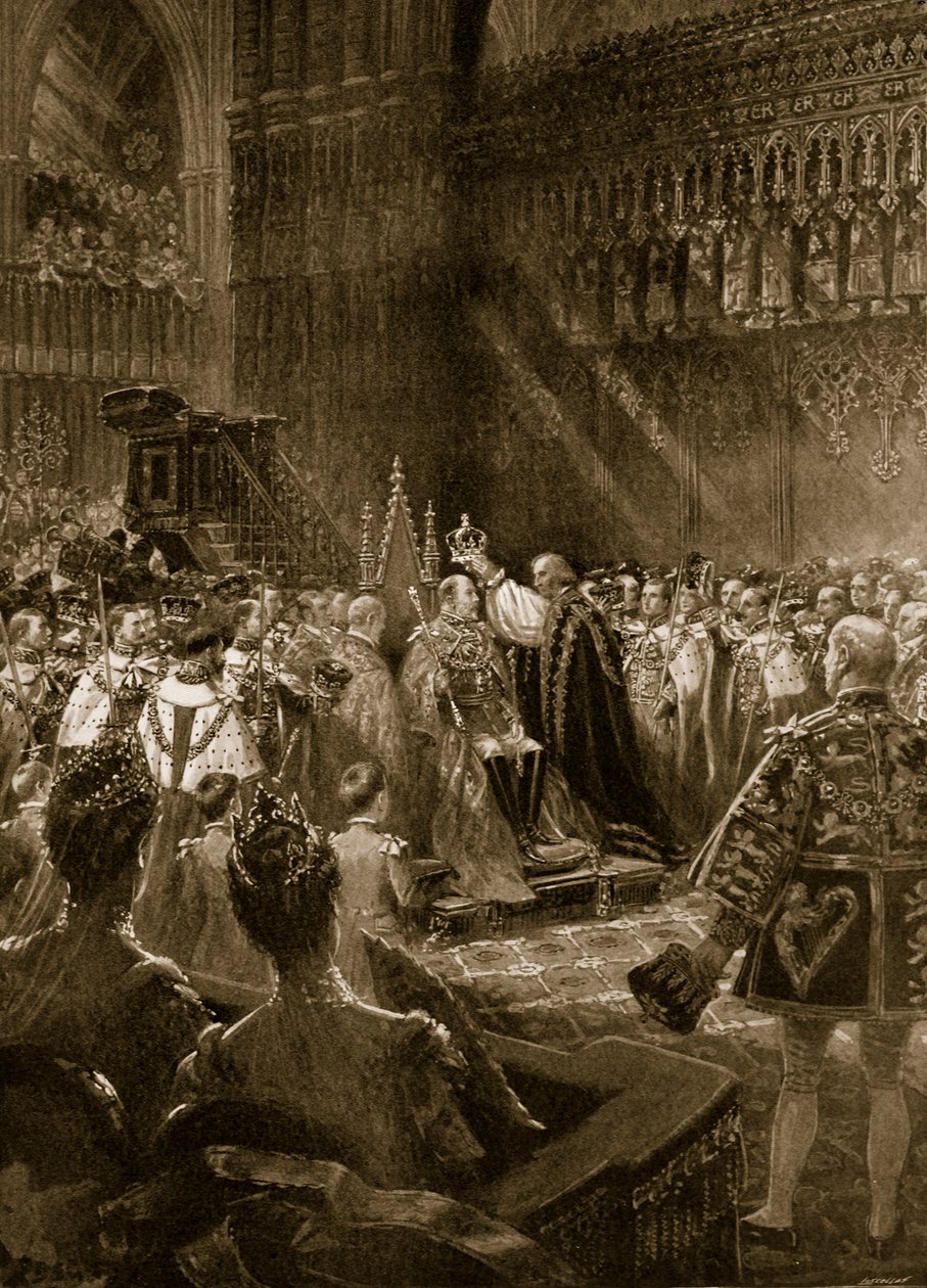 Ceremonia koronacyjna z 1902 r.: Stanowisko króla Edwarda VII podczas aktu koronacji, z „The Illustrated London News”, 1902 autorstwa Samuel Begg