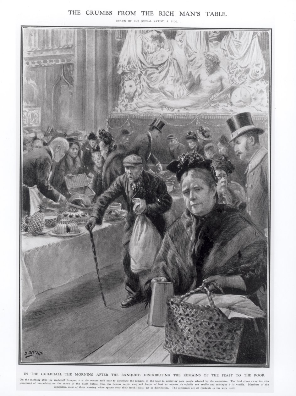 Okruchy ze stołu bogacza: rozdawanie ubogim resztek uczty w Guildhall rano po bankiecie, 1908 autorstwa Samuel Begg
