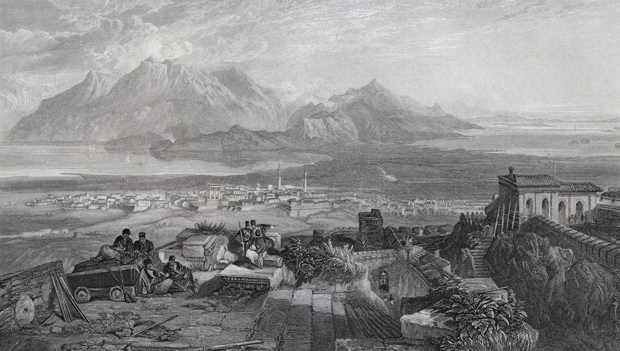 Miasto i Przesmyk Koryncki widziane z Akropolu, rytowane przez W. Millera, z „The Imperial Bible Dictionary”, wydanego przez Blackie und Son, ok. 1880 r. autorstwa Samuel Bough
