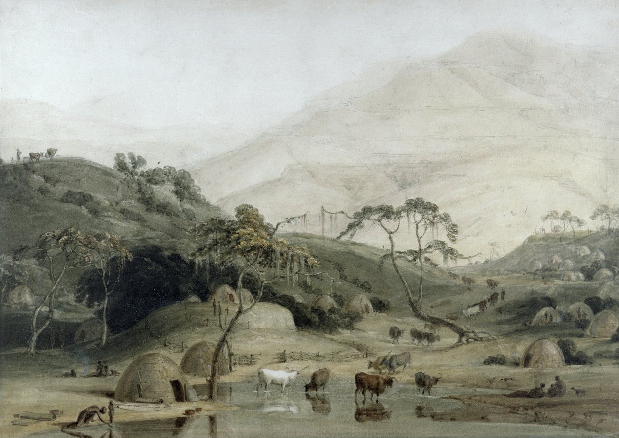Wioska Kaffirów, ok. 1801 (wc i grafit na papierze) autorstwa Samuel Daniell