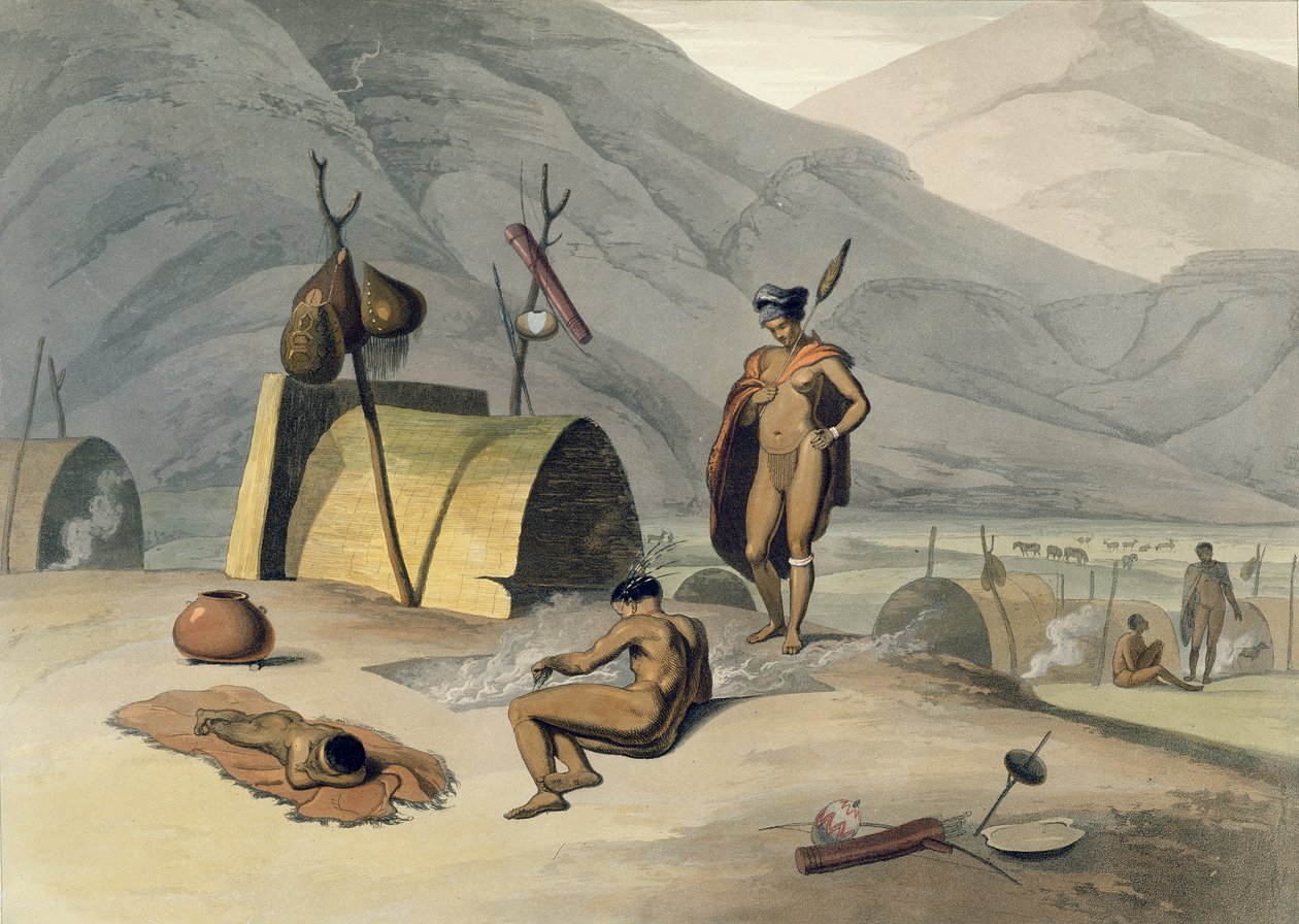 Bosjemans Smażąca Szarańczę, tablica 26 z "Afrykańska sceneria i zwierzęta", rytowana przez artystę, 1805 (akwatinta) autorstwa Samuel Daniell