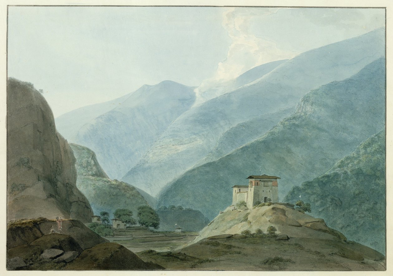 Zamek Chukha w Bhutanie, 1783 (wc nad grafitem na papierze) autorstwa Samuel Davis