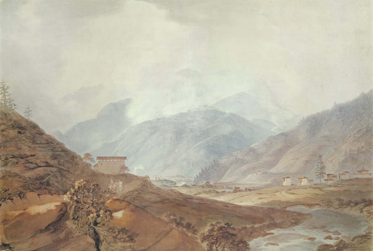 Scena górska w pobliżu Thimphu, Bhutan, 1783, autorstwa Samuel Davis