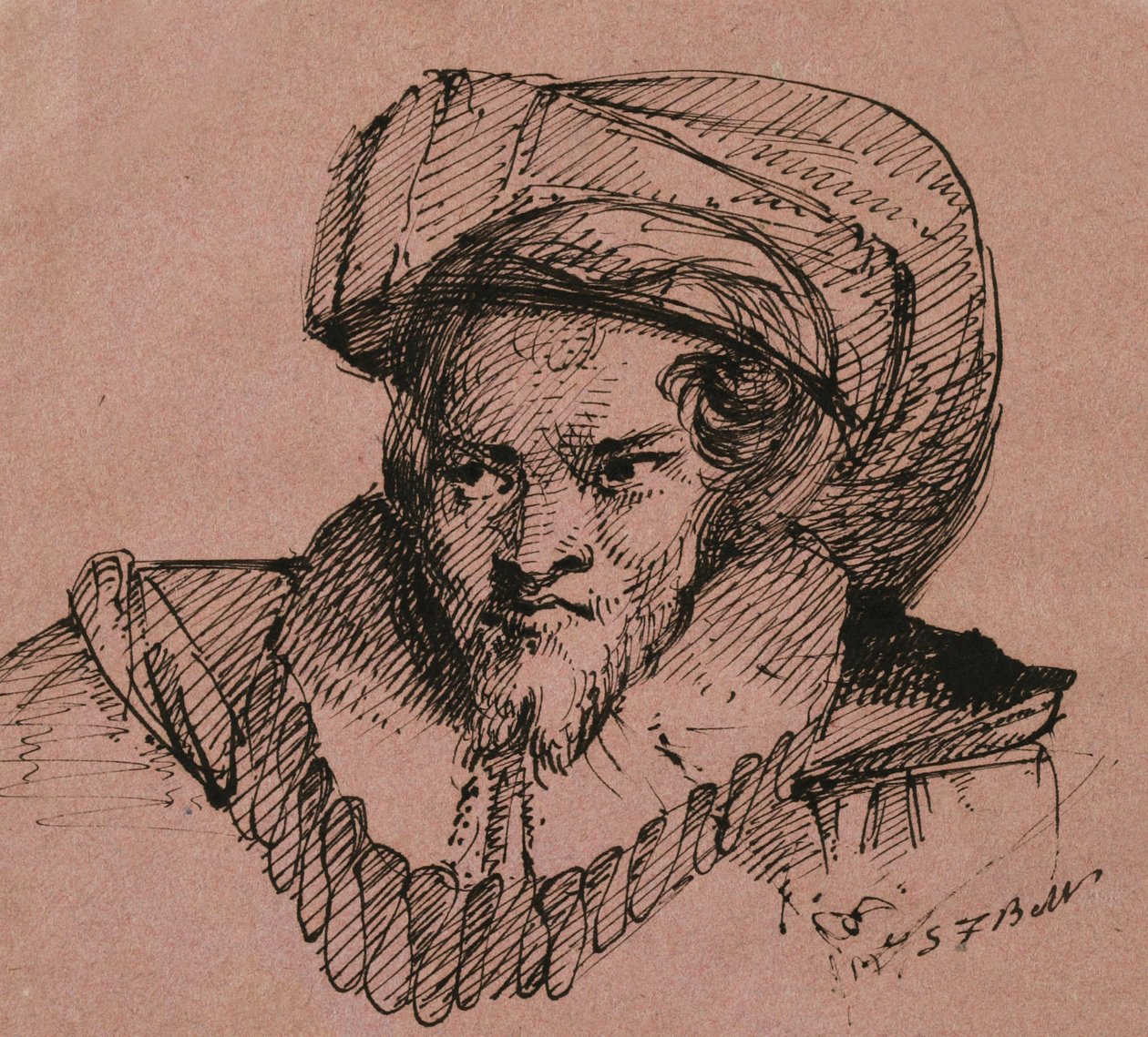 Głowa mężczyzny w kapeluszu z pióropuszem, 1840 (długopis i czarny tusz na różowym papierze tkanym) autorstwa Samuel Finley Breese Morse