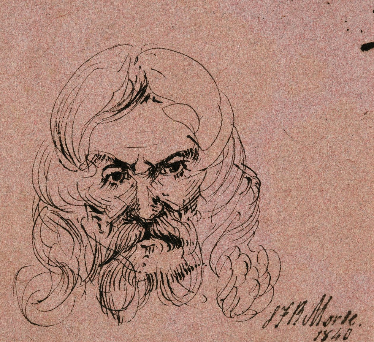 Szkic głowy brodatego mężczyzny z długimi włosami, 1840 (długopis i czarny tusz na różowym papierze tkanym) autorstwa Samuel Finley Breese Morse