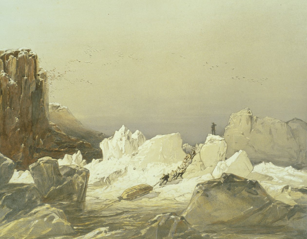 Jazda na sankach po pagórkowatym lodzie, kwiecień 1853, rycina Williama Simpsona, opublikowana przez Ackermann und Co., 1854 autorstwa Samuel Gurney Cresswell