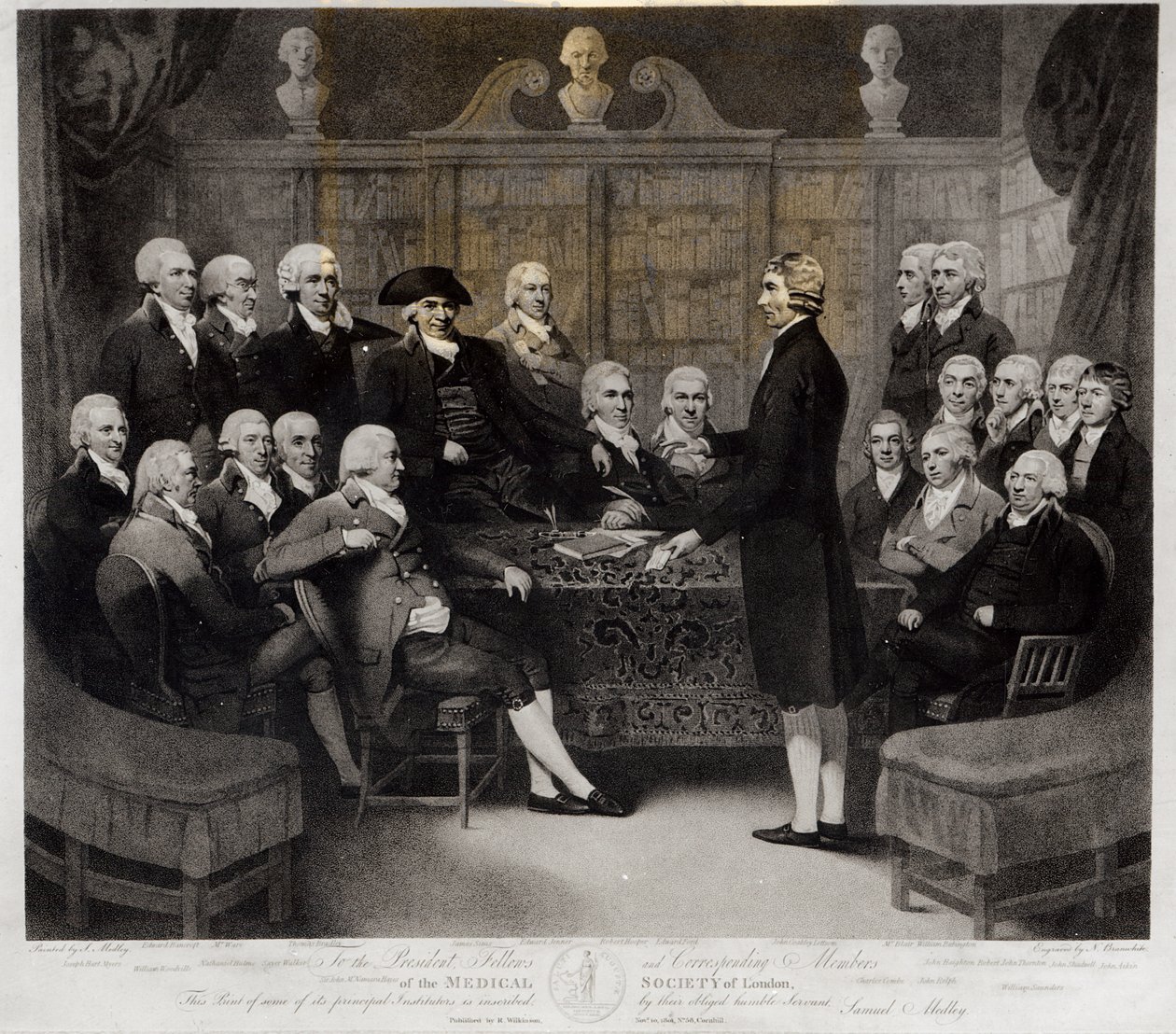 Group Portrait of the President, Fellows and Corresponding Members of the Medical Society of London, grawerowany przez Nathana Coopera Branwhite