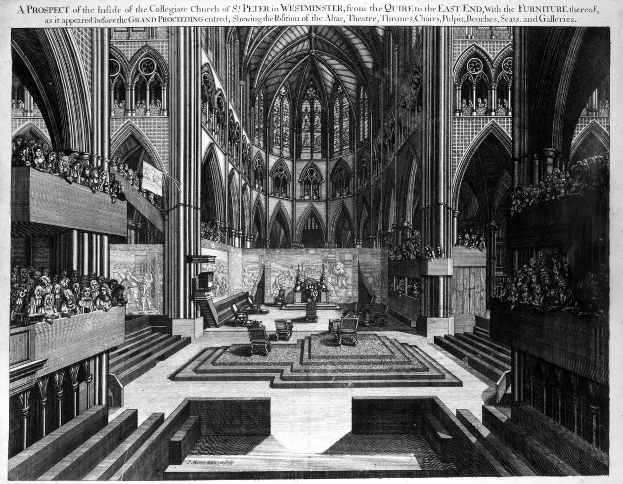 Perspektywa wnętrza kolegiaty św. Piotra w Westminster (opactwo Westminster) przed koronacją Jakuba II (1633-1701) 1688 autorstwa Samuel Moore