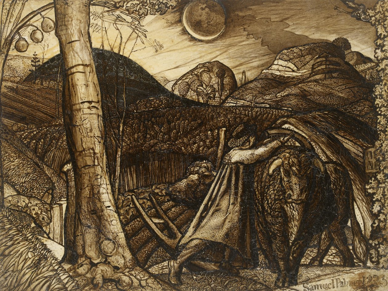 Scena rustykalna, 1823 (pióro i pędzel w sepii) autorstwa Samuel Palmer