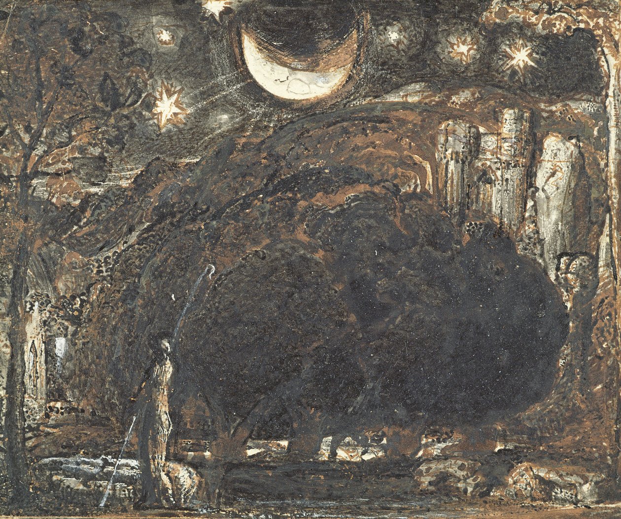 Pasterz i jego stado pod księżycem i gwiazdami, ok. 1827 (pranie pióra i tuszu na papierze) autorstwa Samuel Palmer
