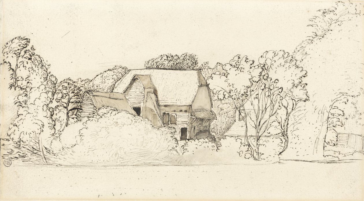 An Ancient Barn w Shoreham (pióro i atrament oraz szare i brązowe polewanie grafitem na papierze) autorstwa Samuel Palmer