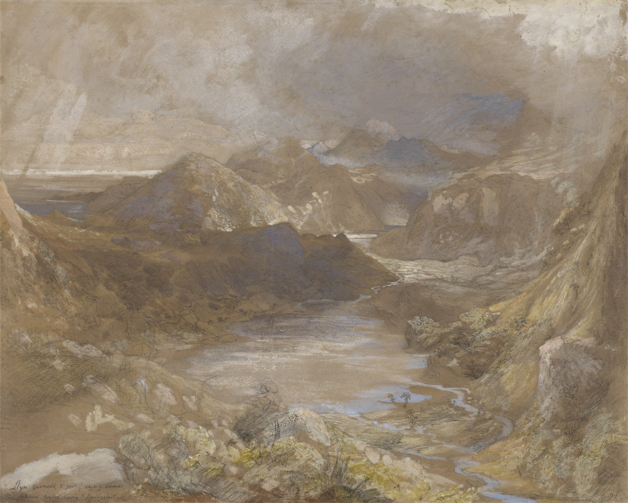 Llwyngwynedd i część Llyn-y-ddina między Capel Curig i Beddegelert, Północna Walia, 1835-36 (wc, gwasz i grafit na papierze) autorstwa Samuel Palmer