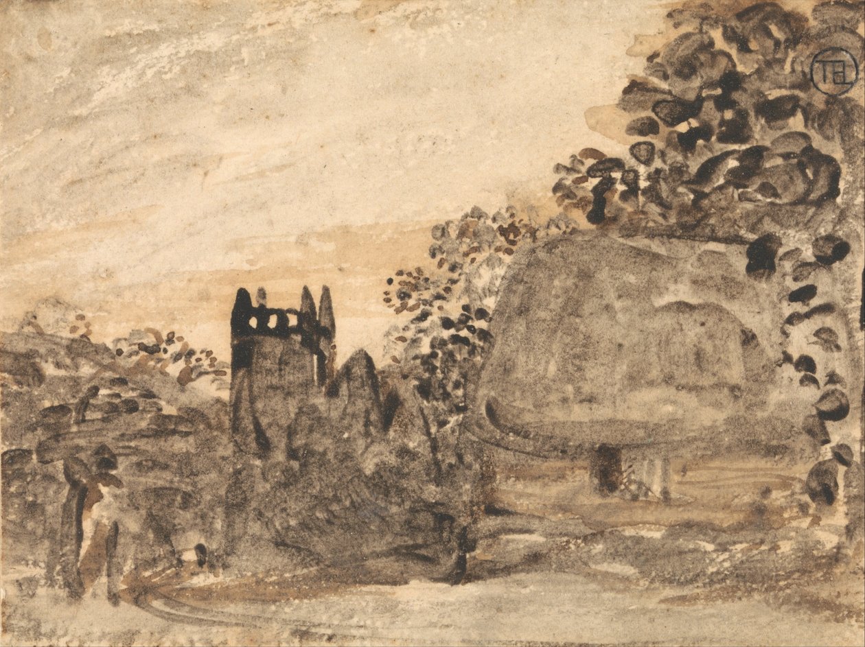 Chata kryta strzechą i kościół autorstwa Samuel Palmer