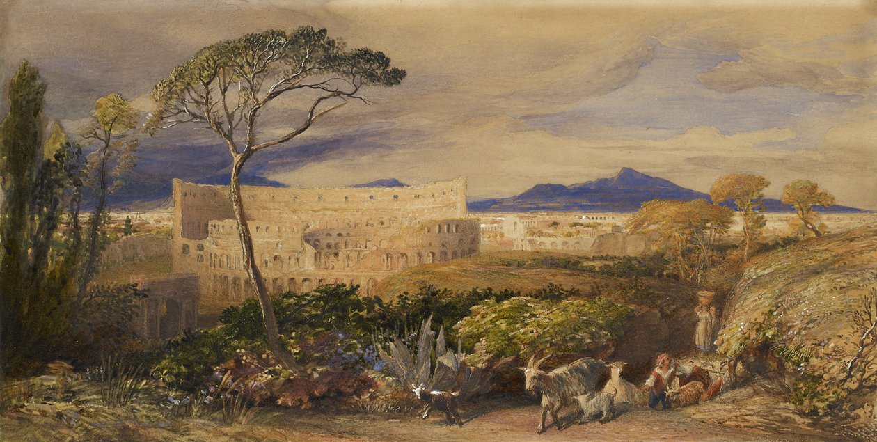 Koloseum i Alban Mount (toaleta i gwasz na ołówku, kredzie i tuszu) autorstwa Samuel Palmer