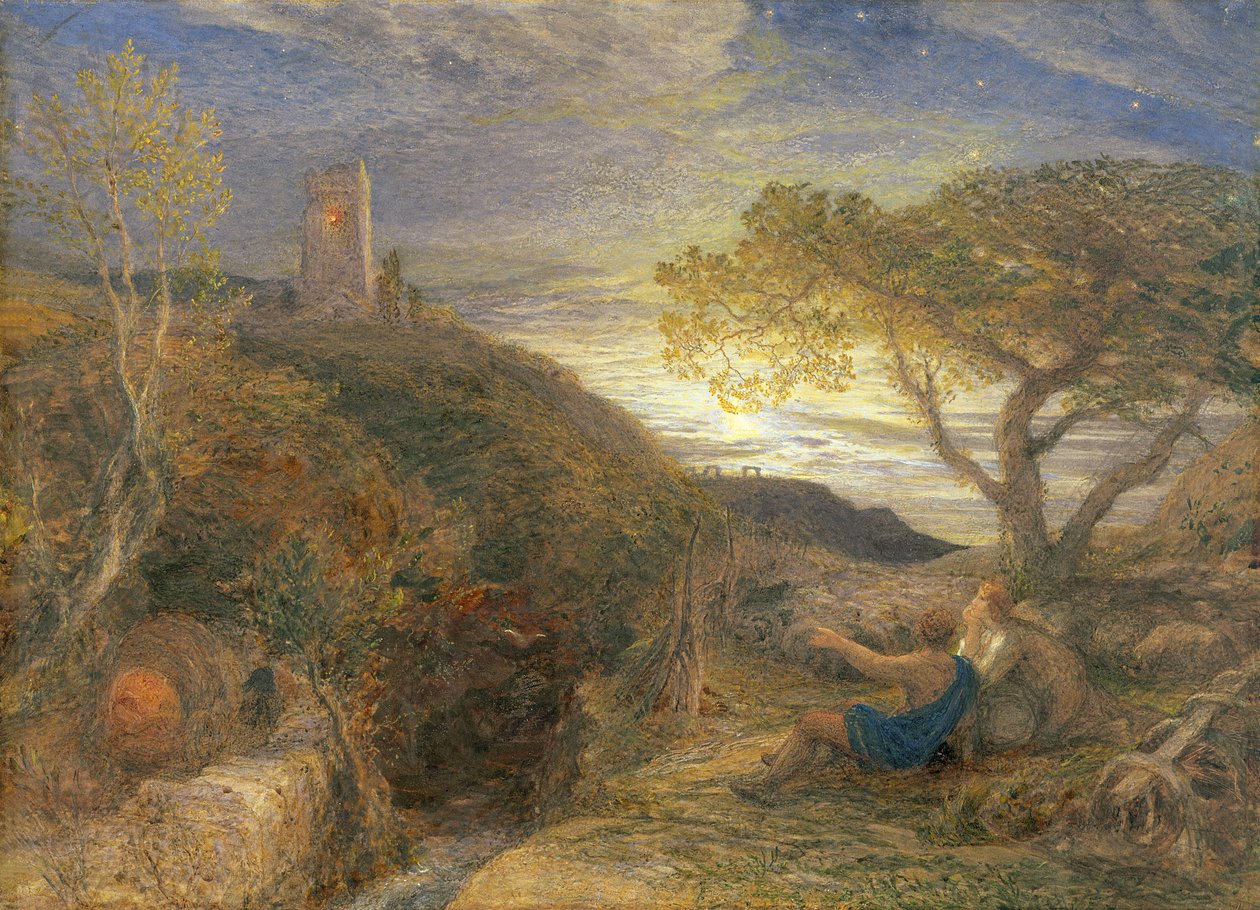 The Lonely Tower, 1868 (toaleta i kolor nadwozia i guma arabska na desce londyńskiej) autorstwa Samuel Palmer
