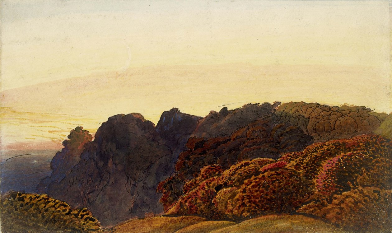 Żółty zmierzch, ok. 1830 (pióro, tusz indyjski i wash, z akwarelą, bodykolorem i gumą arabską, na papierze białym) autorstwa Samuel Palmer