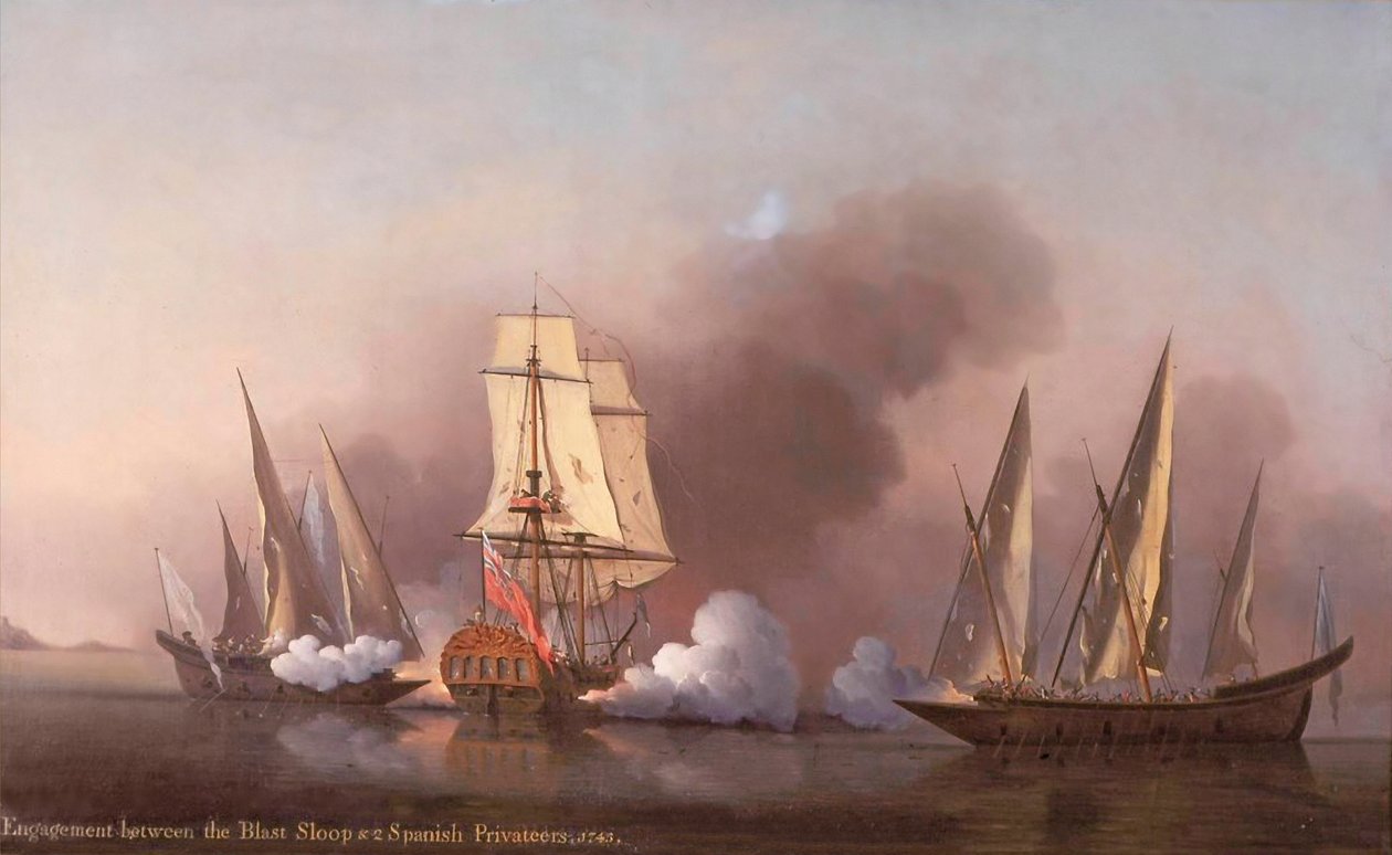 Starcie między Blast Sloop a dwoma hiszpańskimi kaperami, 1745 autorstwa Samuel Scott