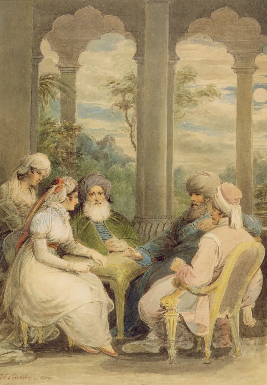 Książę Rasselas i jego siostra rozmawiają w letnim pałacu nad brzegiem Nilu, 1804 (wc z kredą na graficie na papierze) autorstwa Samuel Shelley