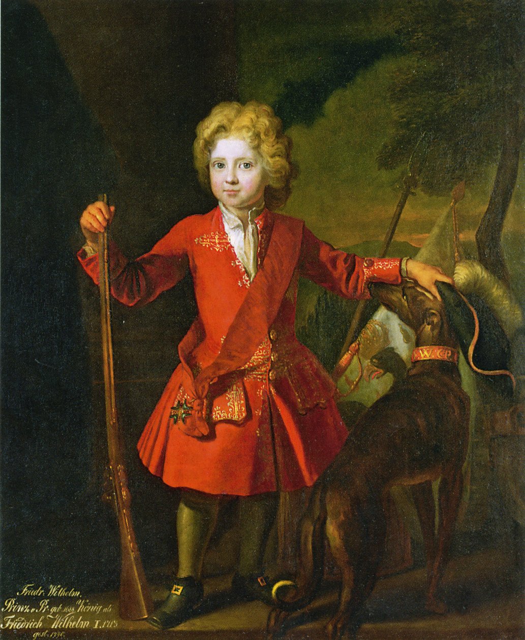 Fryderyk Wilhelm I Pruski jako dziecko w czerwonym płaszczu myśliwskim i na szarfie Orderu Czarnego Orła autorstwa Samuel Theodor Gericke