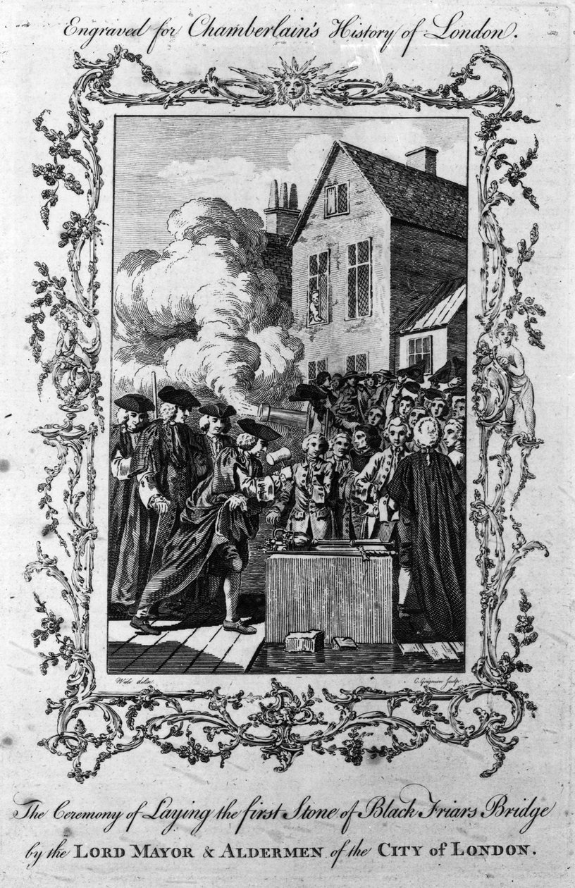Ceremonia wmurowania pierwszego kamienia Blackfriars Bridge przez burmistrza i radnych City of London, grawerowana przez Charlesa Grigniona, 1760 autorstwa Samuel Wale