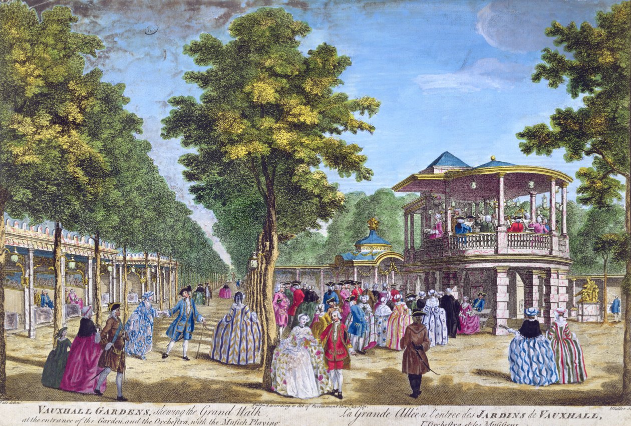 Widok na Wielki Spacer przy wejściu do Vauxhall Pleasure Gardens z grającą orkiestrą, wyryty przez Mullera autorstwa Samuel Wale