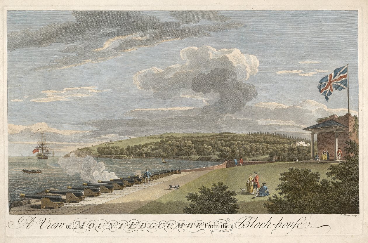 Widok na górę Edgcumbe z Block House, wyd. 1755 (ręcznie kolorowane grawerowanie) autorstwa Samuel after and Lambert Scott