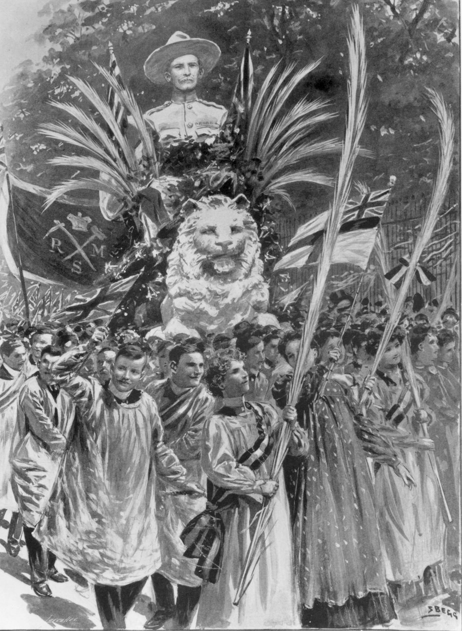Arts Tribute to Arms: South Kensington Art Students and their Mafeking Car, z „The Illustrated London News”, 26 maja 1900, grawerowane przez Thomasa Lascellesa (rycina) (zdjęcie czarno-białe) autorstwa Samuel (after) Begg