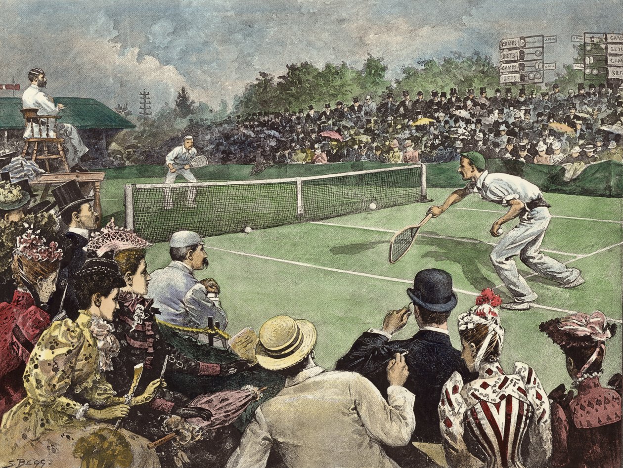 Mistrzostwa w tenisie ziemnym na Wimbledonie 1891, panowie W Baddeley i J Pim rywalizujący w finale (kolorowa rycina) autorstwa Samuel (after) Begg