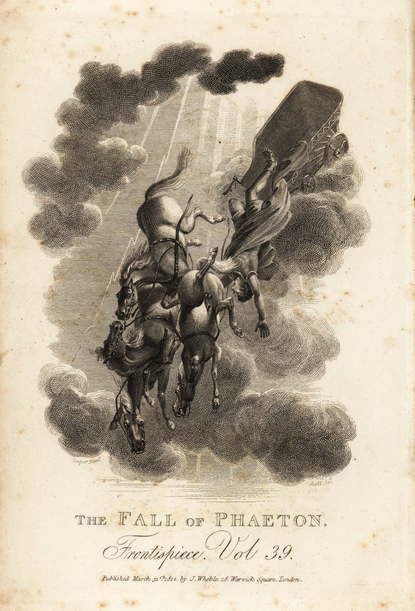 Alegoryczna ilustracja przedstawiająca Faetona, syna Heliosa i Oceanidy Clymene, spadającego z nieba podczas jazdy rydwanem słonecznym autorstwa Samuel (after) Cooper
