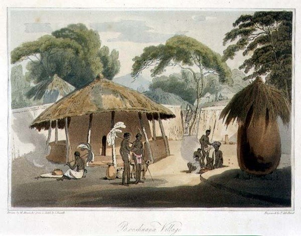 Booshuana Village, tablica 18 z „Podróży do Cochinchina” Johna Barrowa (1764-1848) rys. William Alexander (1767-1816) ryt. Thomas Medland (1755-1823) 1806 (akwatinta) autorstwa Samuel (after) Daniell