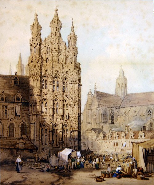 Ratusz i Katedra w Leuven w Belgii, ok. 1840 (akwarela na papierze) autorstwa Samuel (circle of) Prout