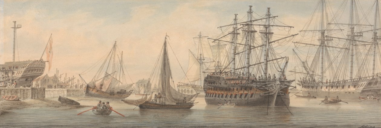 Men-of-War i inne żeglugi na Tamizie (najprawdopodobniej w Deptford) autorstwa Samuel Atkins