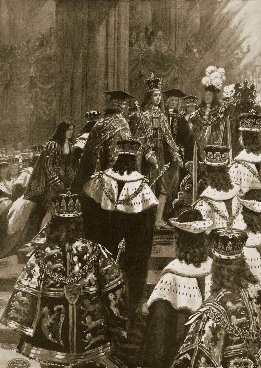 Intronizacja podczas koronacji Jerzego I, 20 października 1714, z „The Illustrated London News”, 1902 autorstwa Samuel Begg