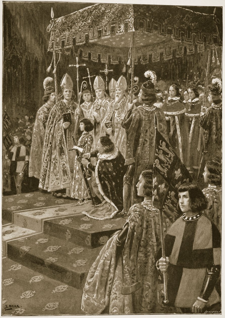 Wręczenie ostróg i miecza podczas koronacji Henryka VI w dzień św. Leonarda, 6 listopada 1429 r., z "The Illustrated London News", 1902 r. autorstwa Samuel Begg