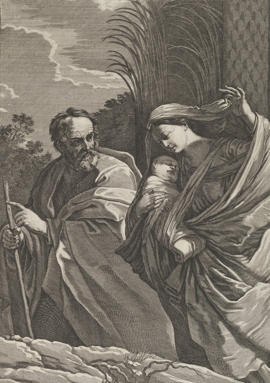 Ucieczka do Egiptu, Dziewica niosąca Dzieciątko Chrystusa, Józef wskazujący na..., ok. godz. 1635-57. autorstwa Samuel Bernard