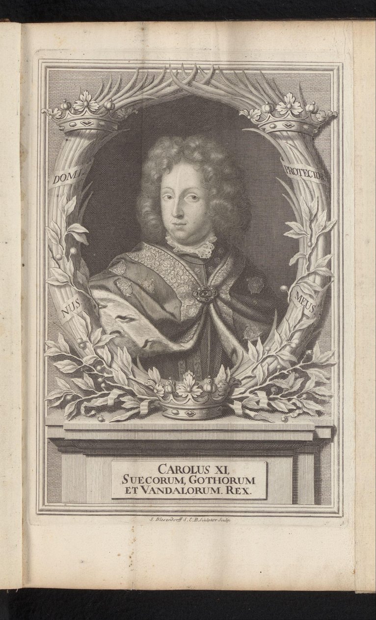 Portret van Karela XI van Zweden Karol XI, król szwedzkich Gotów i Wandalów (tytuł na obiekcie) Szwecja starożytna i nowoczesna (tytuł serii) autorstwa Samuel Blesendorf