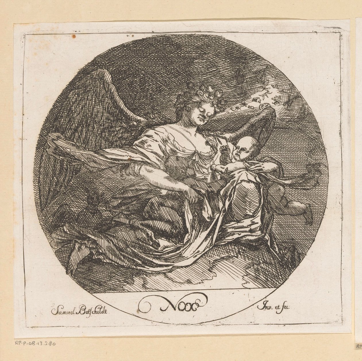 Nox (Noc) Nox (tytuł na obiekcie) Cztery pory dnia (tytuł serii) Różne projekty (tytuł serii) Opera Varia Historica, Poetica & Iconologica (tytuł serii) autorstwa Samuel Bottschild